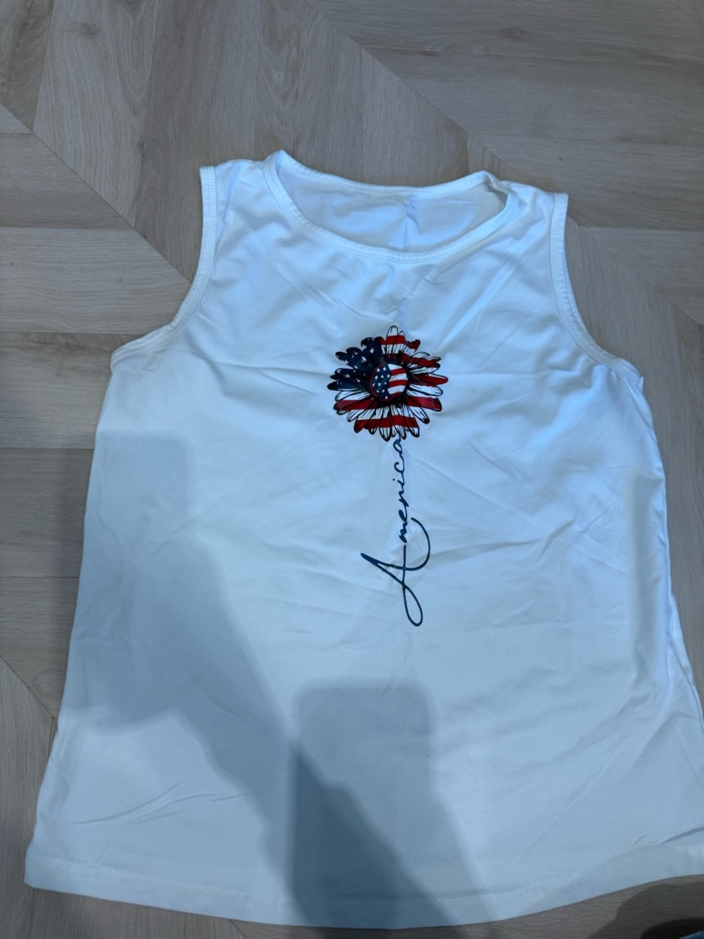 SHEIN White Tank with Red & Blue Patriotic Flower Graphic
